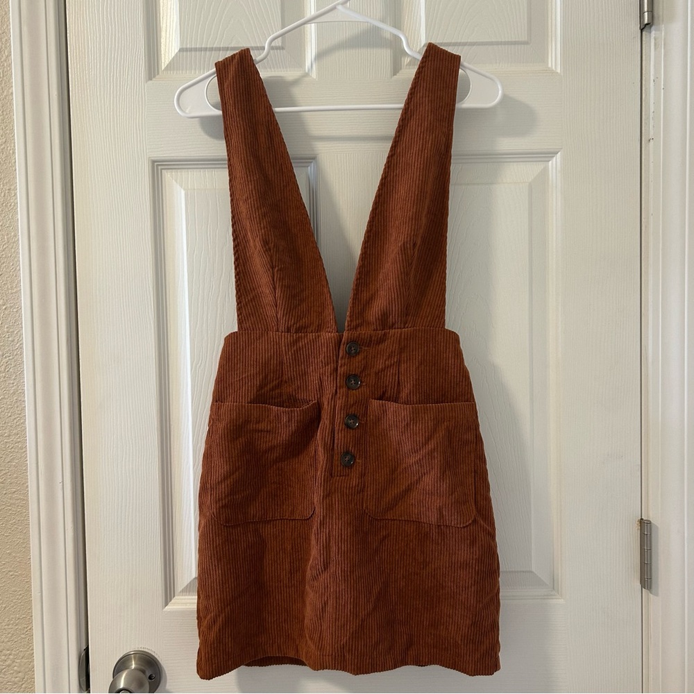 Rust Corduroy Pinafore Dress with buttons and pockets